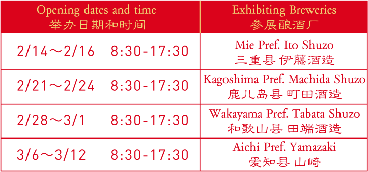 举办日期和时间:[2/14～2/16 8:30-17:30 Mie Pref. Ito Shuzo 三重县 伊藤酒造]　[2/21～2/24　8:30-17:30 Kagoshima Pref. Machida Shuzo 鹿儿岛县 町田酒造] [2/28～3/1　8:30-17:30 Wakayama Pref. Tabata Shuzo 和歌山县 田端酒造][3/6～3/12　8:30-17:30 Aichi Pref. Yamazaki 爱知县 山崎]