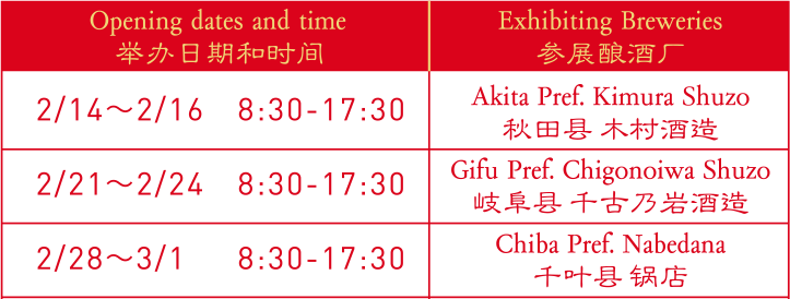 举办日期和时间:[2/14～2/16　8:30-17:30 Akita Pref. Kimura Shuzo 秋田县 木村酒造][2/21～2/24　8:30-17:30 Gifu Pref. Chigonoiwa Shuzo 岐阜县 千古乃岩酒造][2/28～3/1　8:30-17:30 Chiba Pref. Nabedana 千叶县 锅店][3/6～3/12　8:30-17:30 Kagoshima Pref. Shiratsuyu Shuzo 鹿儿岛县 白露酒造]